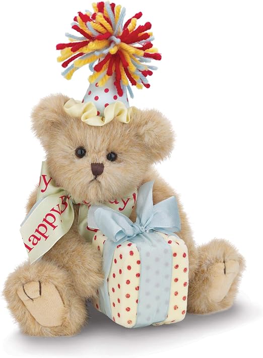 10" adorable happy birthday plush teddy bear, with festive hat and decoratively wrapped present adorned with satin ribbon