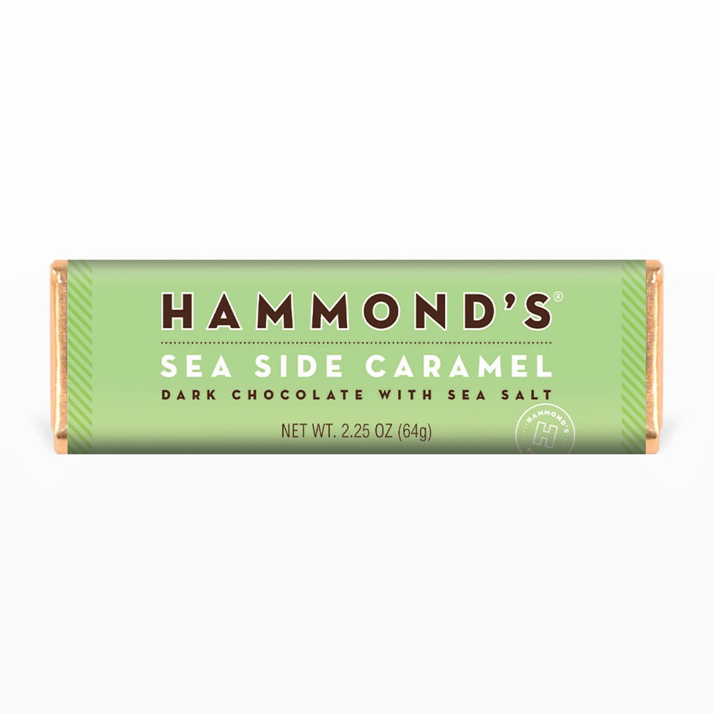 Indulge in pure decadence with Hammond's Natural Sea Side Caramel Dark Chocolate Bar. This candy bar is a chocolate lover's dream, featuring a delicious sea-salted caramel filling encased in smooth dark chocolate. Take a bite and let the rich, chocolatey outside and decadent caramel filling melt in your mouth.  2.25 oz. Chocolate Bars