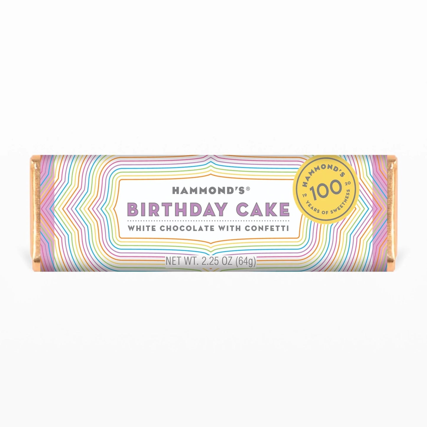 Indulge in our Birthday Cake White Chocolate & Confetti Chocolate Bar, the perfect way to celebrate our 100th anniversary! Our creamy white chocolate is mixed with colorful confetti for a festive treat that's perfect for any birthday party or special occasion. Whether you're a fan of white chocolate or looking for a fun and delicious dessert, this bar is sure to delight your taste buds!  2.25 oz. Chocolate Bars