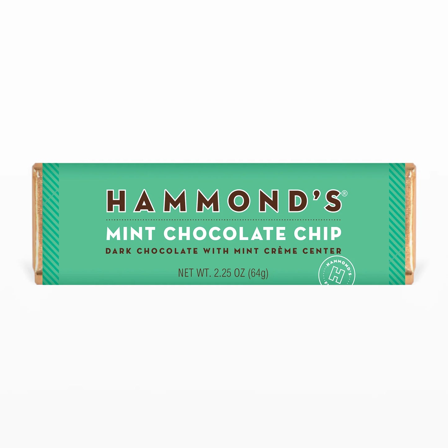 Indulge in the refreshing taste of Hammond's Mint Chocolate Chip bars! These delectable treats feature a creamy and minty center, wrapped in a layer of rich dark chocolate. With a unique flavor combination that's both sweet and cool, these bars make the perfect snack anytime, anywhere.;  2.25 oz. Chocolate Bars