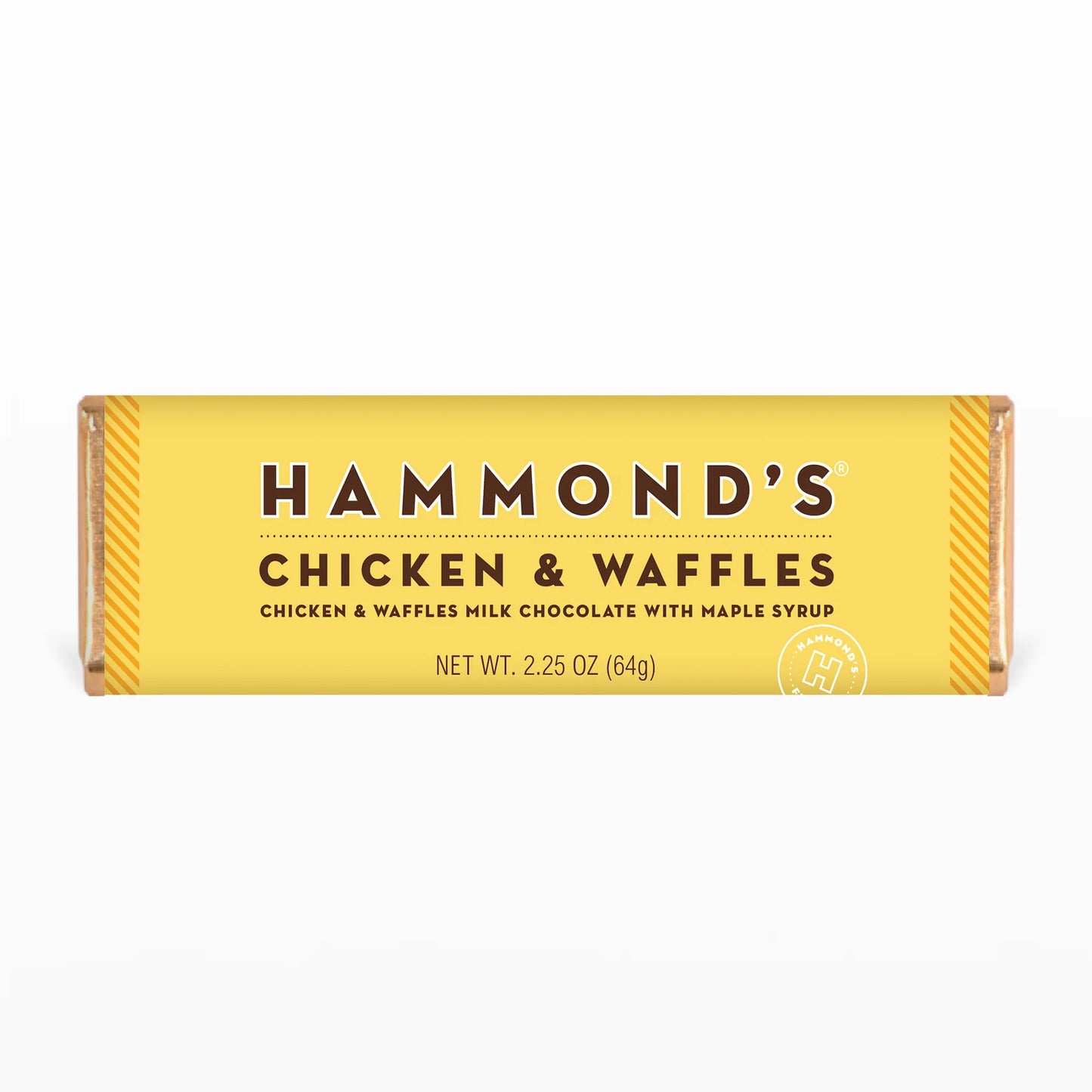 Looking for a unique and tasty treat? Indulge in Hammond's Chicken and Waffles Milk Chocolate with Maple Syrup, the perfect combination of breakfast and dessert in one delicious bar. You'll feel like you're sitting at your favorite diner with a hot plate of chicken and waffles, except this time it's in the form of a chocolate bar. With the rich flavor of milk chocolate and the sweetness of maple syrup, this bar is a breakfast-themed snack that you won't want to miss.  2.25 oz. Chocolate Bars