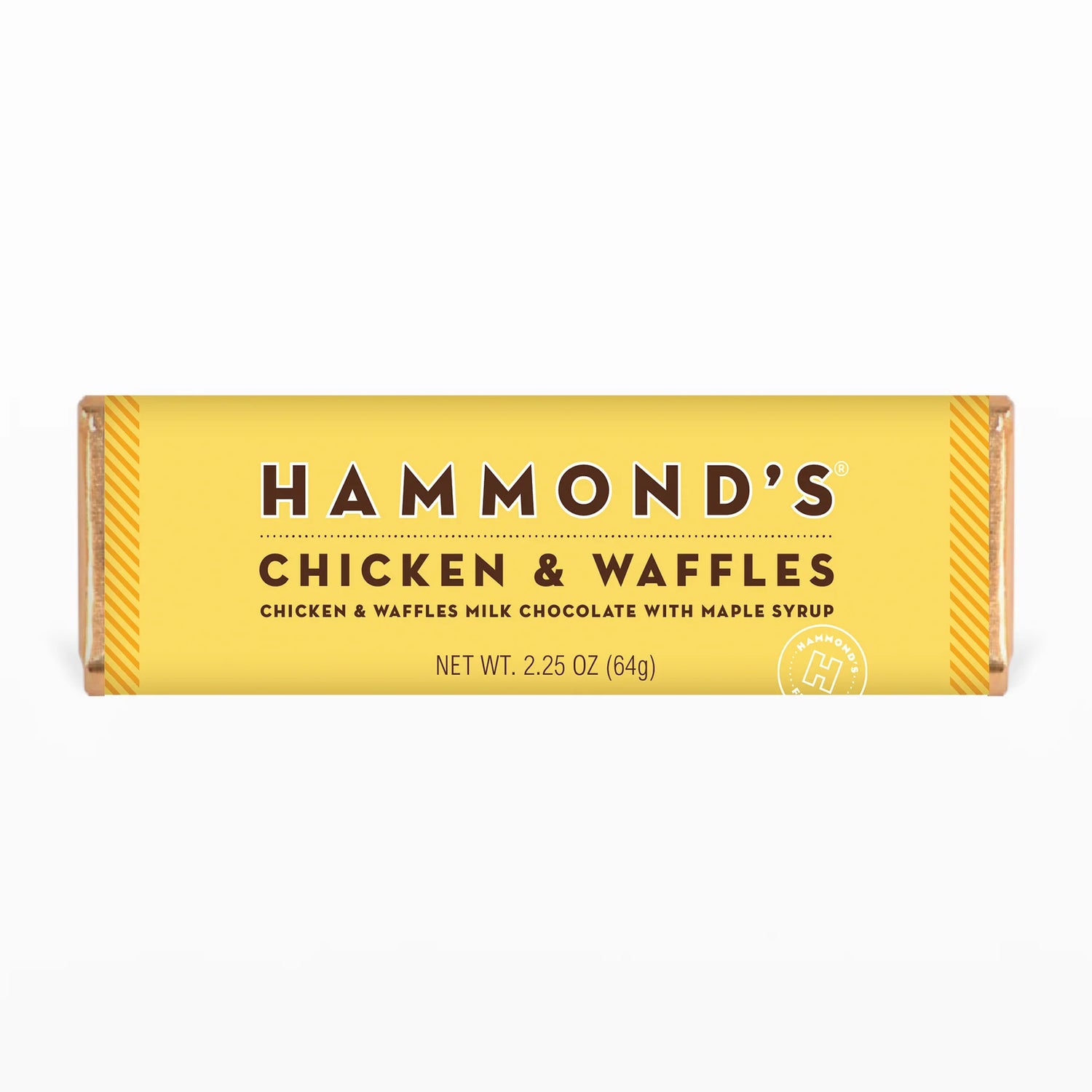 Looking for a unique and tasty treat? Indulge in Hammond's Chicken and Waffles Milk Chocolate with Maple Syrup, the perfect combination of breakfast and dessert in one delicious bar. You'll feel like you're sitting at your favorite diner with a hot plate of chicken and waffles, except this time it's in the form of a chocolate bar. With the rich flavor of milk chocolate and the sweetness of maple syrup, this bar is a breakfast-themed snack that you won't want to miss.  2.25 oz. Chocolate Bars