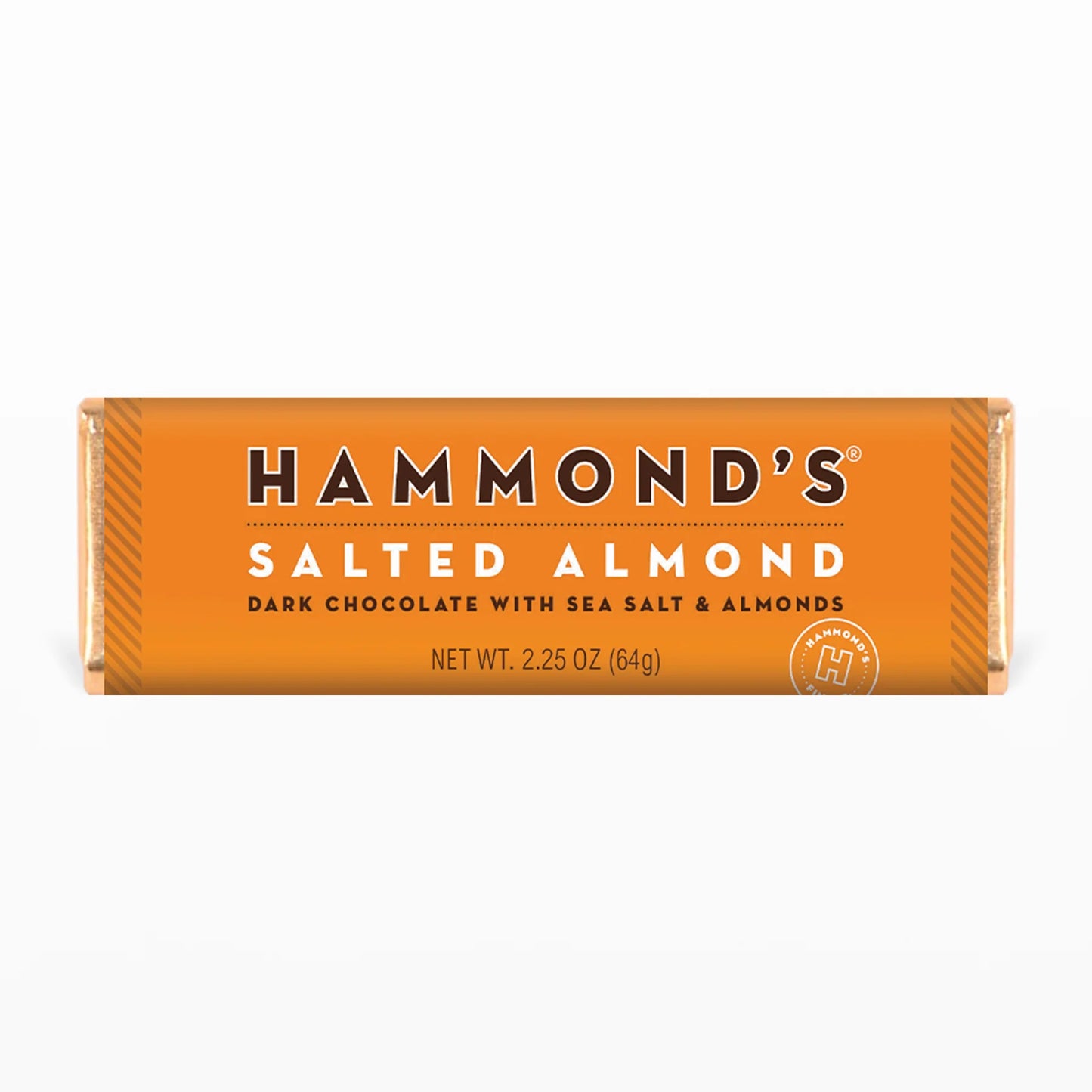 Indulge in the perfect balance of sweet and salty with Hammond's Salted Almond Chocolate Bar. This delectable treat features rich dark chocolate blended with sea salt and almonds for a crunchy, satisfying snack. Whether you're looking to treat yourself or surprise a loved one with a delicious gift, this classic candy bar is sure to satisfy any chocolate and nut craving.  2.25 oz. Chocolate Bars