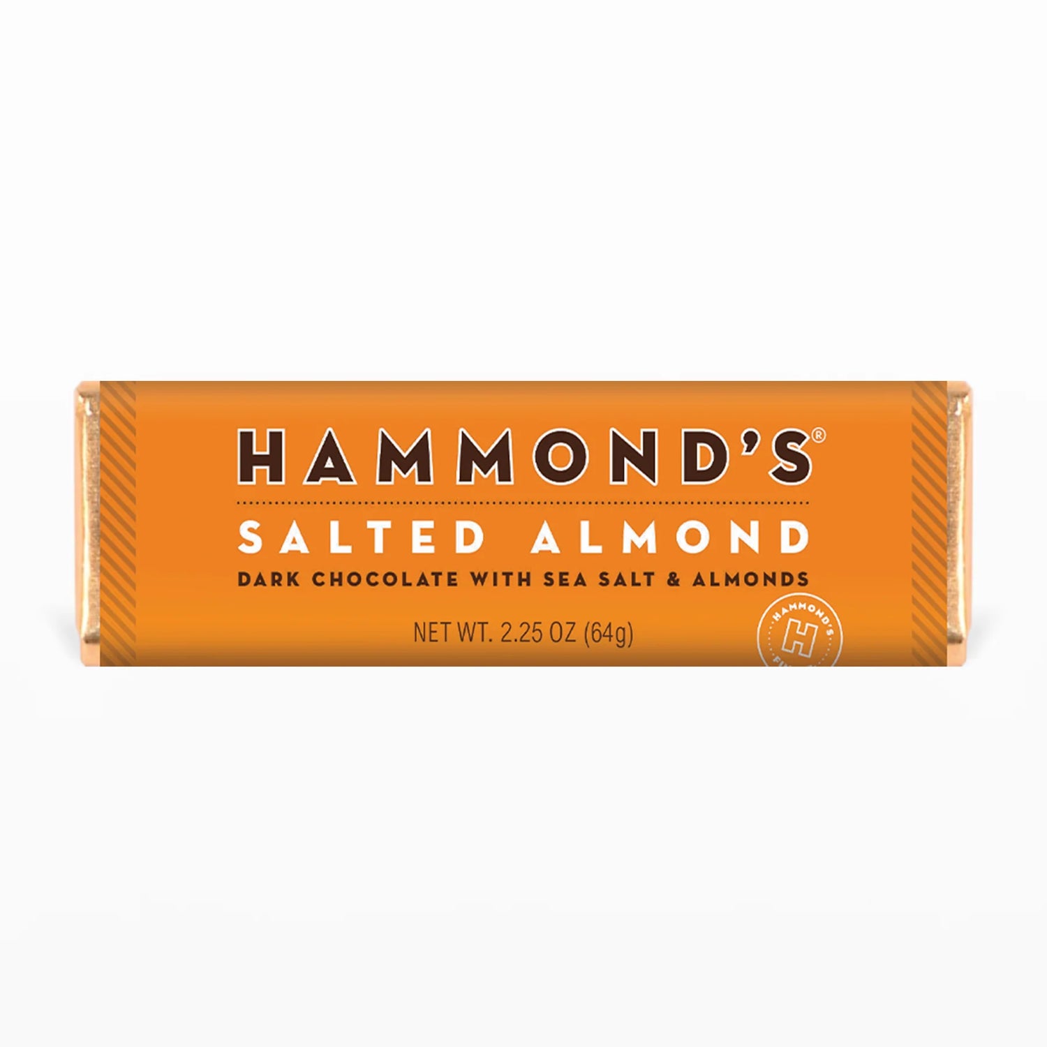 Indulge in the perfect balance of sweet and salty with Hammond's Salted Almond Chocolate Bar. This delectable treat features rich dark chocolate blended with sea salt and almonds for a crunchy, satisfying snack. Whether you're looking to treat yourself or surprise a loved one with a delicious gift, this classic candy bar is sure to satisfy any chocolate and nut craving.  2.25 oz. Chocolate Bars