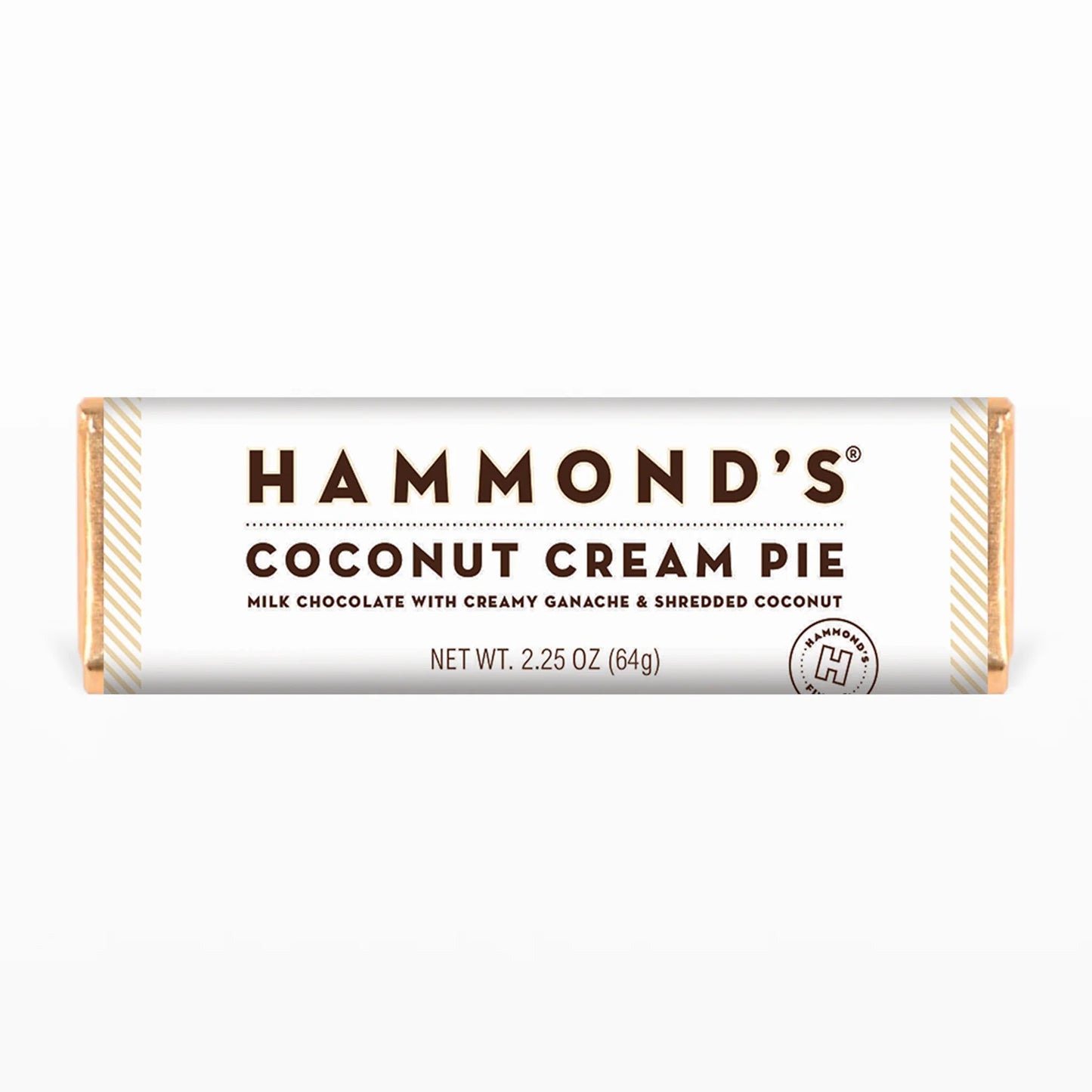 Looking for a sweet and indulgent treat? Look no further than Hammond's Coconut Cream Pie Milk Chocolate Bar! Made with creamy milk chocolate, this delicious candy bar is filled with a decadent coconut cream pie ganache and topped with shredded coconut for a delightful crunch. Perfect for satisfying your sweet tooth and coconut cravings all in one bite. Indulge in the delicious flavors of coconut cream pie with our Coconut Cream Pie Milk Chocolate Bar.  2.25 oz. Chocolate Bars