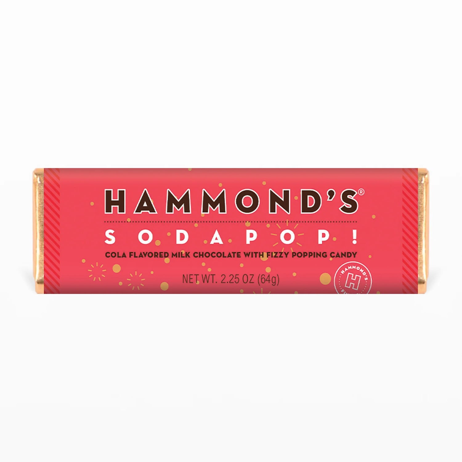 Get ready for a taste explosion with this Hammond's Milk Chocolate Cola Pop Chocolate Bar! Indulge in the delicious milk chocolate bar with a fizzy cola pop rock surprise. This unique candy bar will satisfy your sweet and fizzy cravings all in one bite.  2.25 oz. Chocolate Bars