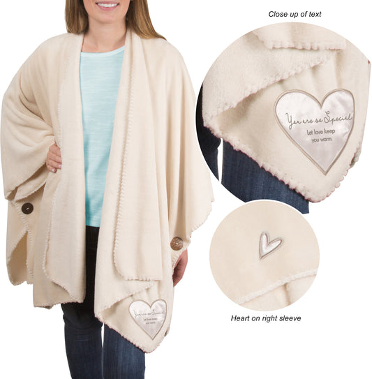 Shawl, packaged in a ribbon-wrapped printed box, is made from 320 GSM royal plush 100% polyester and sateen and features button closures. IN-HOUSE DESIGN: "You Are So Special; Let Love Keep You Warm." text is printed onto the embroidered heart on the front of the shawl. PERFECT GIFT: Great for gifting to a special someone. CARE INSTRUCTIONS: When machine washing, choose a cold and gentle cycle. Do not bleach. Do not iron. If tumble drying, select a low setting.