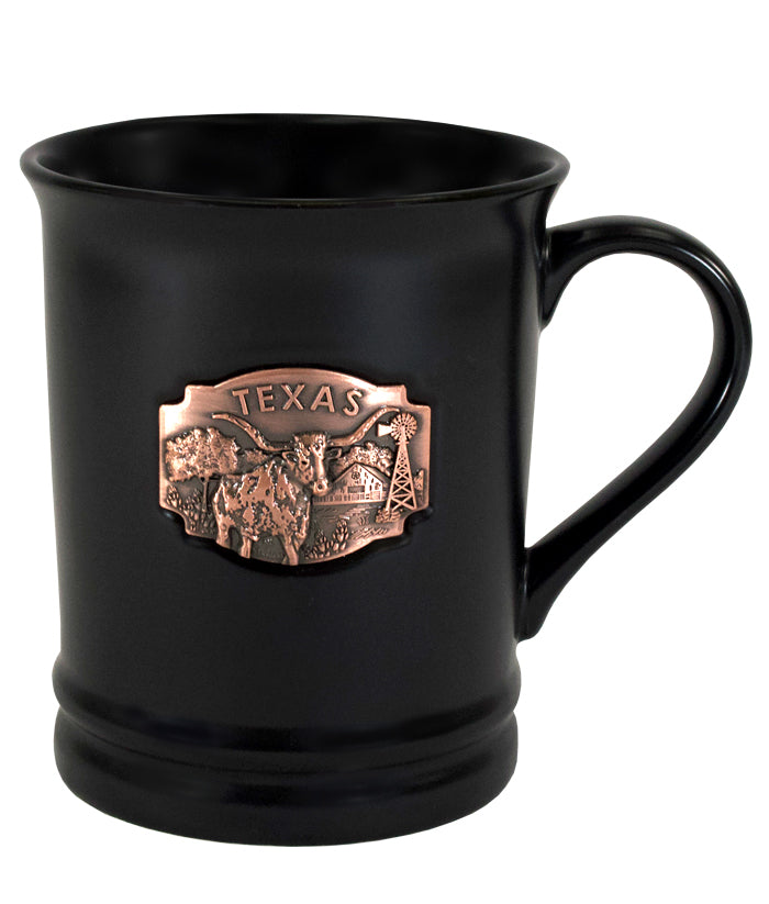 18 ounce 3D Medallion Black Matte Mug features a 3D raised copper medallion design showcasing icons of Texas. This inspiring mug is the perfect vessel for a hot cup of coffee, tea, or whatever else you prefer.