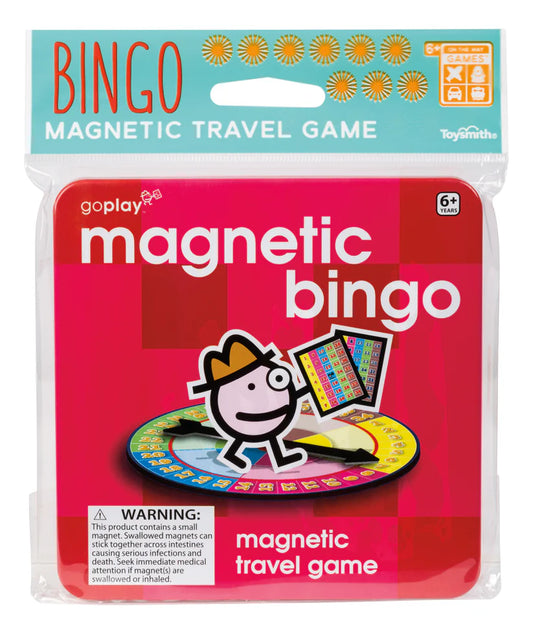 Bingo magnetic travel game comes in a 5.5 x 0.5-inch tin container that helps keep all the game pieces in 1 place. And since each game is magnetic, pieces won't shift around or fall out.