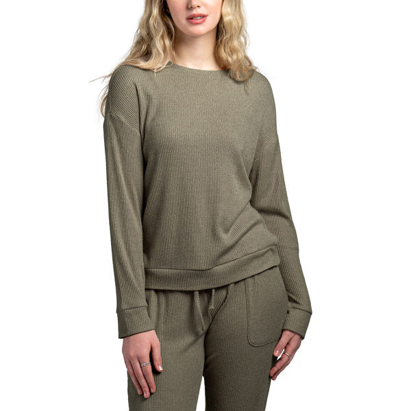 Fall in love with snuggle-worthy softness. we’ve taken our best-loved CuddleBlend™ rib knit to a cozier level in a buttery crewneck sweater with built-in thumbholes & comfy dropped sleeves. This sweater is a soft green color.
