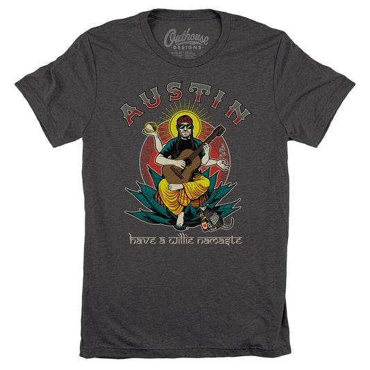 Simply put, if you can't handle Willie's flow, then you gotta go! A perfect combination of Western swagger and Eastern tranquility! This novelty tee celebrates the hill country legend and the eclectic city he calls home.  Hand printed & designed by Outhouse Designs on a super soft & comfy unisex tee. 60% polyester, 40% ring-spun cotton. Machine wash/dry.