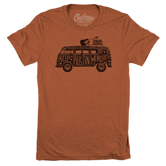 Explore new roads in style with the Hippie Van Tee! Featuring an eye-catching design inspired by the freedom of the open road, this comfy tee makes a great addition to any road-tripper's wardrobe. Show off your spirit of adventure and join the 'Keep Austin Weird' movement in style.  Hand printed & designed by Outhouse Designs on a super soft & comfy unisex tee. 60% polyester, 40% ring-spun cotton. Machine wash/dry.