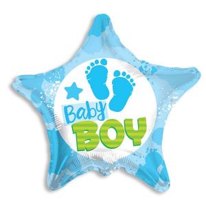 18” Baby Boy mylar balloon with footprints and star shape, filled with air and adorned with beautiful ribbons. You can also try one of our balloon bouquets to really brighten the room.