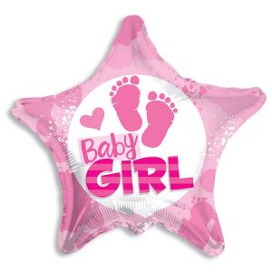 18” Baby Girl  mylar balloon with footprints and star shape, filled with air and adorned with beautiful ribbons.