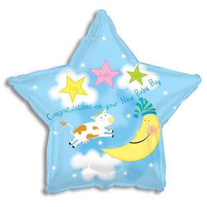Congratulations on your New Baby Boy 18" mylar balloon filled with air and adorned with ribbons.  Star shaped balloon with stars and the cow jumping over the moon.