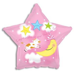 Congratulations on your New Baby Girl 18" mylar balloon filled with air and adorned with ribbons. Star shaped balloon with stars and the cow jumping over the moon