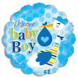 Welcome baby Boy 18" mylar balloon with stork.  Balloon is filled with air and adorned with ribbons.
