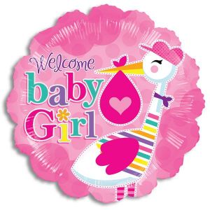 Welcome baby Girl 18" mylar balloon with stork. Balloon is filled with air and adorned with ribbons.