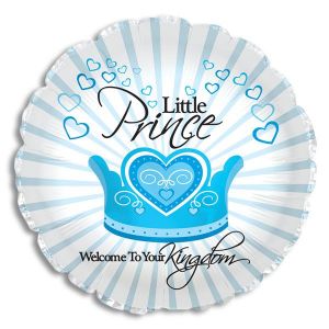 Little Prince Welcome To Your Kingdom 18" mylar balloon filled with air and adorned with ribbons.