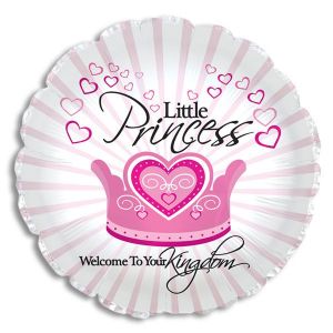 Little Princess Welcome To Your Kingdom 18" mylar balloon filled with air and adorned with ribbons.