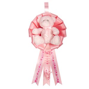 Let everyone know the new baby has arrived with this wonderful announcement ribbon with a pink bear.