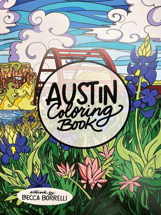 Hand-drawn 8x10" soft cover Austin adult coloring book by Becca Borelli: 20 black and white illustrations of noteworthy landmarks, waiting to be brought to life through imaginative color! Fresh, new cover and digitally re-mastered images are great for sharing, or even removing from the book to frame.
