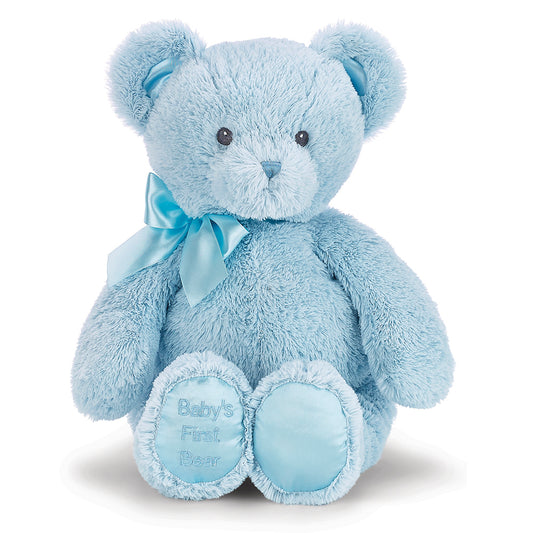 This cute blue bear is the perfect way to welcome the new baby to the family. Baby's first bear is embroidered on the bottom of one of the feet! Comes in 18" and 24"