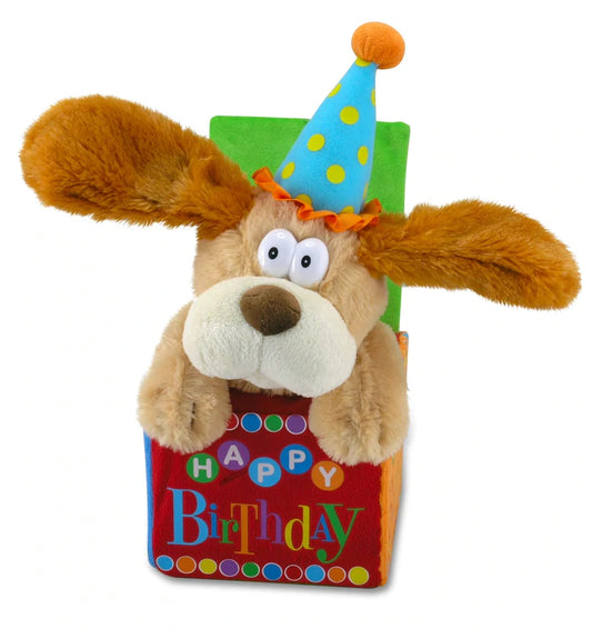 Wish someone the happiest birthday with Flappy Birthday! Flappy is a cute little pup who loves to party! His ears flap as he sways to "Happy Birthday" (Beatles Version).  Flappy Birthday is an excited little pup who wears a party hat and stands out of a present that reads "Happy Birthday." 