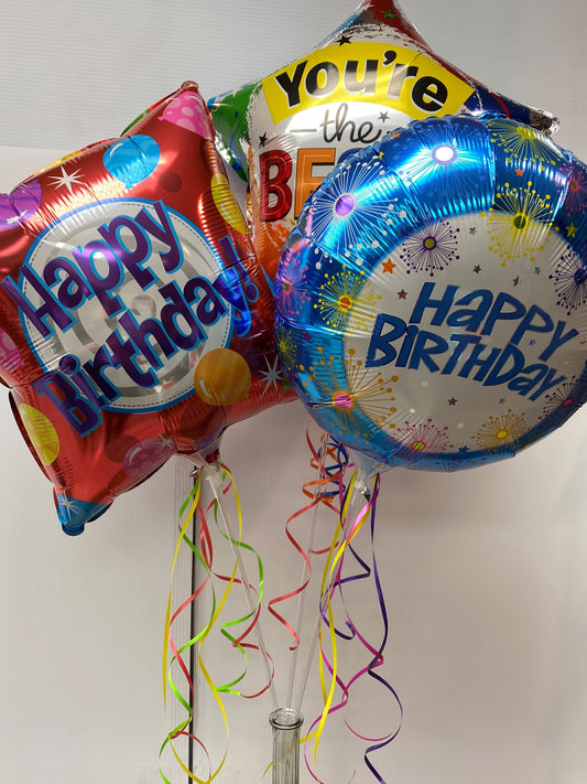 We have fun Balloon Bouquets! This 3 balloon Birthday bouquet an ideal gift arrives with 3 large Mylar balloons in a vase with lots of colorful ribbons and a gift tag. The balloon designs may vary.