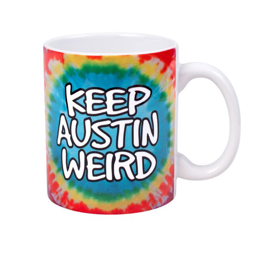 This psychedelic Keep Austin Weird tie-dye on a 12oz ceramic mug! Full color wrap-around imprint. Made by Austin's own Outhouse Designs. 