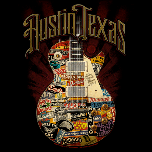 Closeup of over-sized guitar with souvenir stickers from some of Austin's most popular and iconic music establishments from Outhouse Designs.