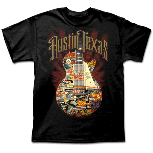 Our design has an over-sized guitar with souvenir stickers from some of Austin's most popular and iconic music establishments from Outhouse Designs and donates 50% of proceeds to benefit the Health Alliance for Austin Musicians, keeping music in Austin alive and well!  Soft front print in black. 100% combed and ring-spun cotton.  Comes in S, M, L, XL, 2X.