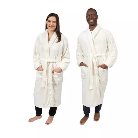 Lounge around in comfort in this incredibly soft, luxurious velveteen unisex robe. Features 2 front patch pockets and a tie belt. In white only. One size fits most.
