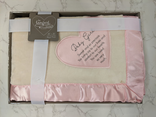 30" x 40" Royal plush blanket, packaged in a ribbon-wrapped open-faced box,  features silk heart detail and edging.  This text is printed onto embroidered heart the "Baby Girl; Sweet And So Precious. You Bring Joy To Our Lives And Comfort To Our Hearts. You Are Loved So Very Much."  A perfect gift to welcome a new family member.